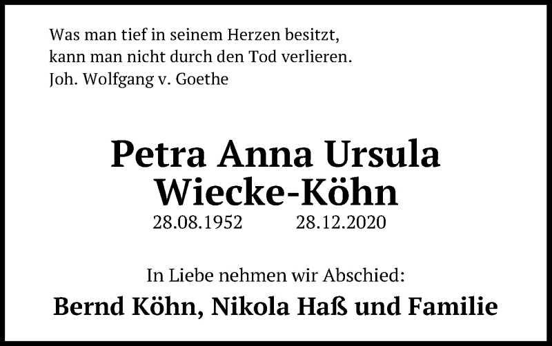  Traueranzeige für Petra Anna Ursula Wiecke-Köhn vom 09.01.2021 aus Kieler Nachrichten