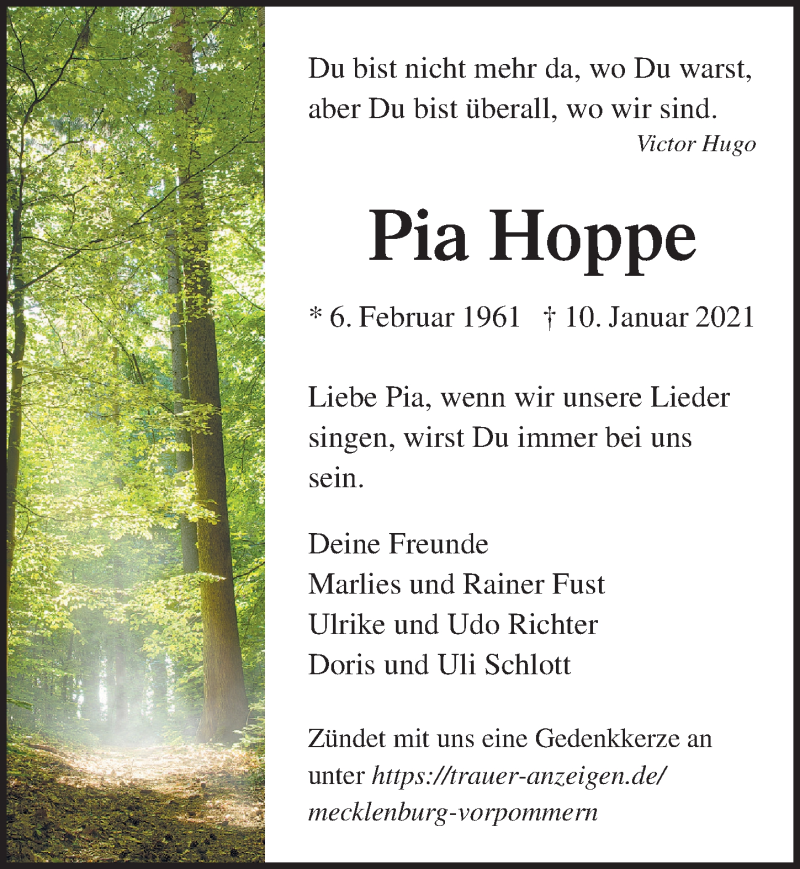  Traueranzeige für Pia Hoppe vom 16.01.2021 aus Ostsee-Zeitung GmbH