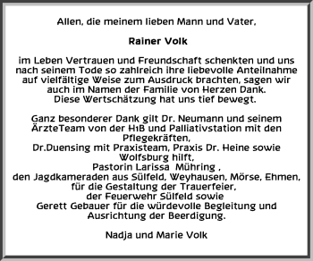 Traueranzeige von Rainer Volk von Aller Zeitung