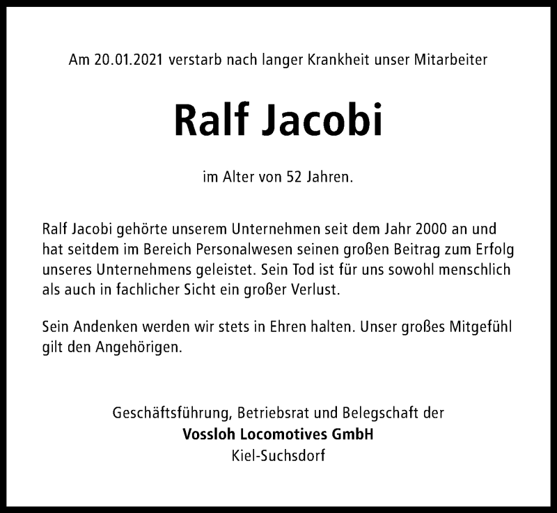  Traueranzeige für Ralf Jacobi vom 30.01.2021 aus Kieler Nachrichten