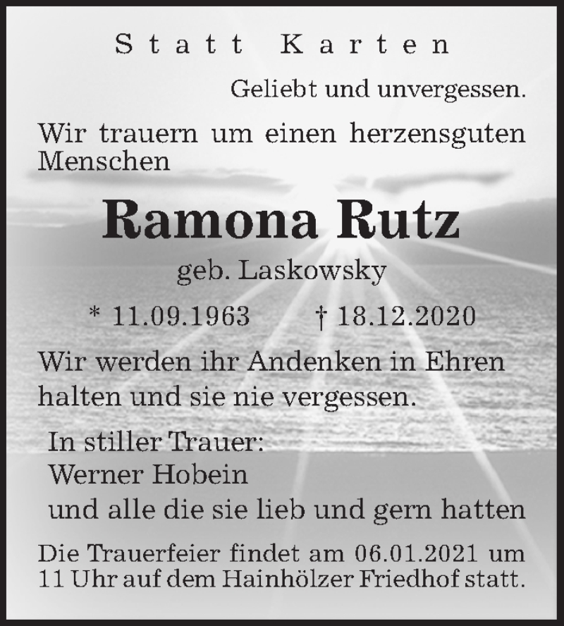  Traueranzeige für Ramona Rutz vom 02.01.2021 aus Hannoversche Allgemeine Zeitung/Neue Presse