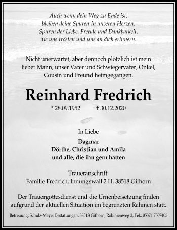 Traueranzeige von Reinhard Fredrich von Aller Zeitung