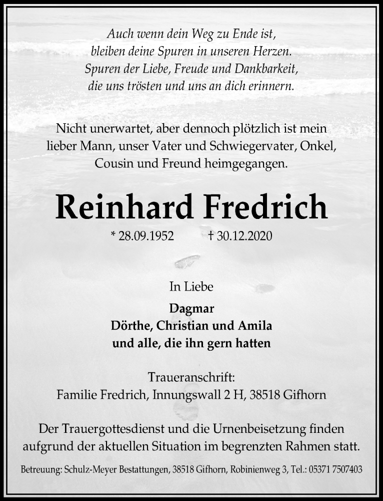  Traueranzeige für Reinhard Fredrich vom 09.01.2021 aus Aller Zeitung