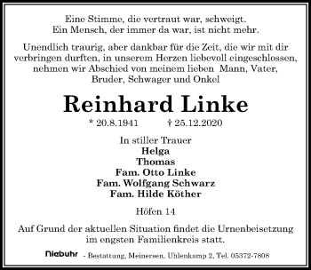 Traueranzeige von Reinhard Linke von Aller Zeitung