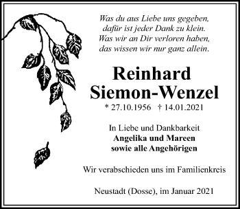 Traueranzeige von Reinhard Siemon-Wenzel