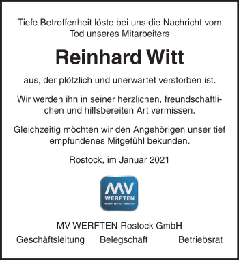 Traueranzeige von Reinhard Witt von Ostsee-Zeitung GmbH