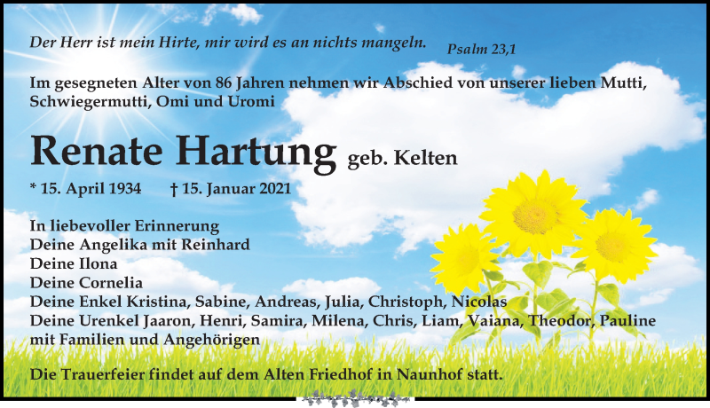  Traueranzeige für Renate Hartung vom 30.01.2021 aus Leipziger Volkszeitung