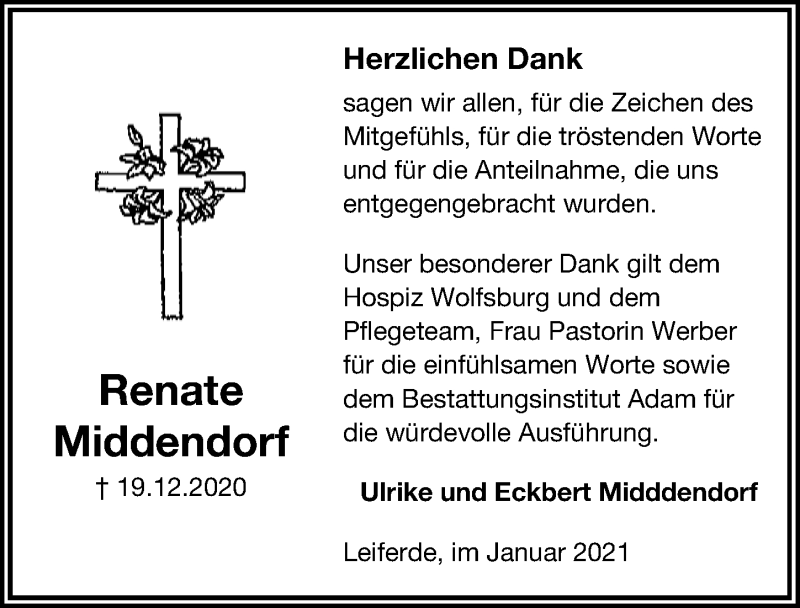  Traueranzeige für Renate Middendorf vom 30.01.2021 aus Aller Zeitung
