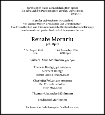 Traueranzeige von Renate Morariu von Göttinger Tageblatt