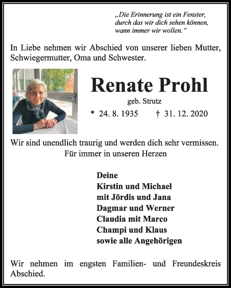  Traueranzeige für Renate Prohl vom 16.01.2021 aus Kieler Nachrichten