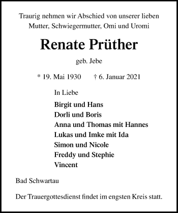 Traueranzeige von Renate Prüther von Lübecker Nachrichten