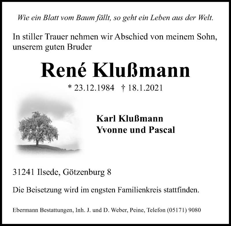  Traueranzeige für René Klußmann vom 23.01.2021 aus Peiner Allgemeine Zeitung