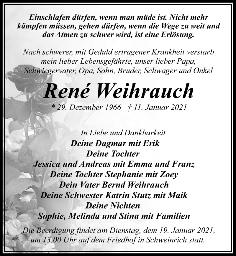  Traueranzeige für René Weihrauch vom 16.01.2021 aus Märkischen Allgemeine Zeitung