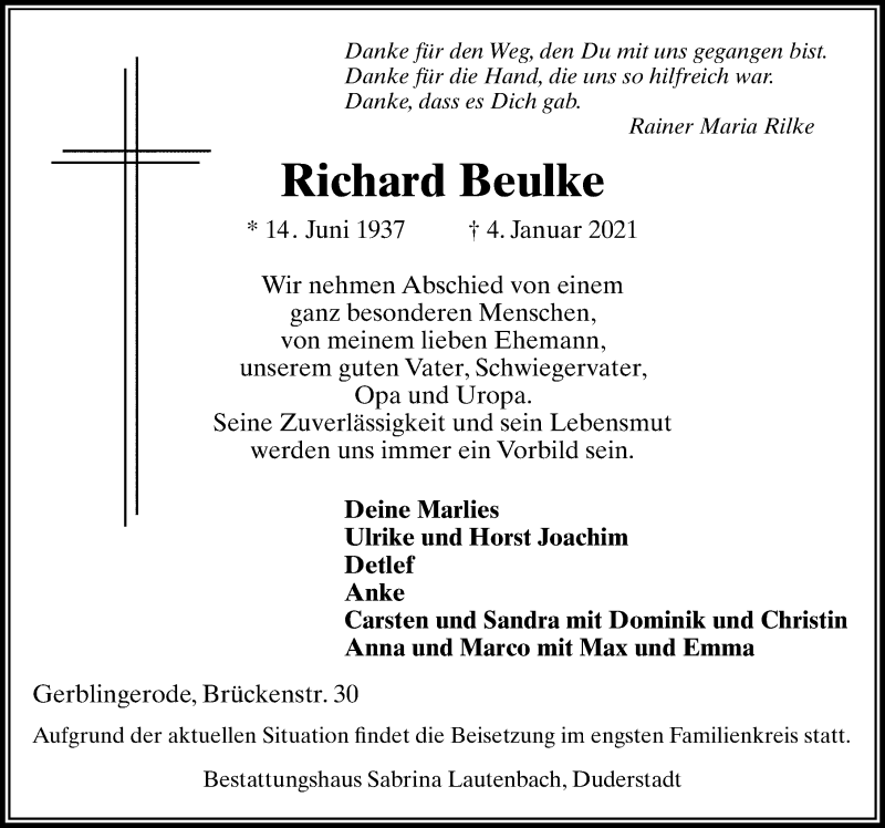  Traueranzeige für Richard Beulke vom 09.01.2021 aus Eichsfelder Tageblatt