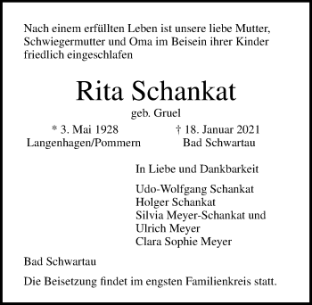 Traueranzeige von Rita Schankat von Lübecker Nachrichten