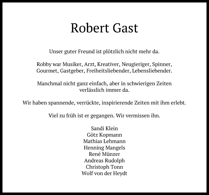  Traueranzeige für Robert Gast vom 31.01.2021 aus Lübecker Nachrichten