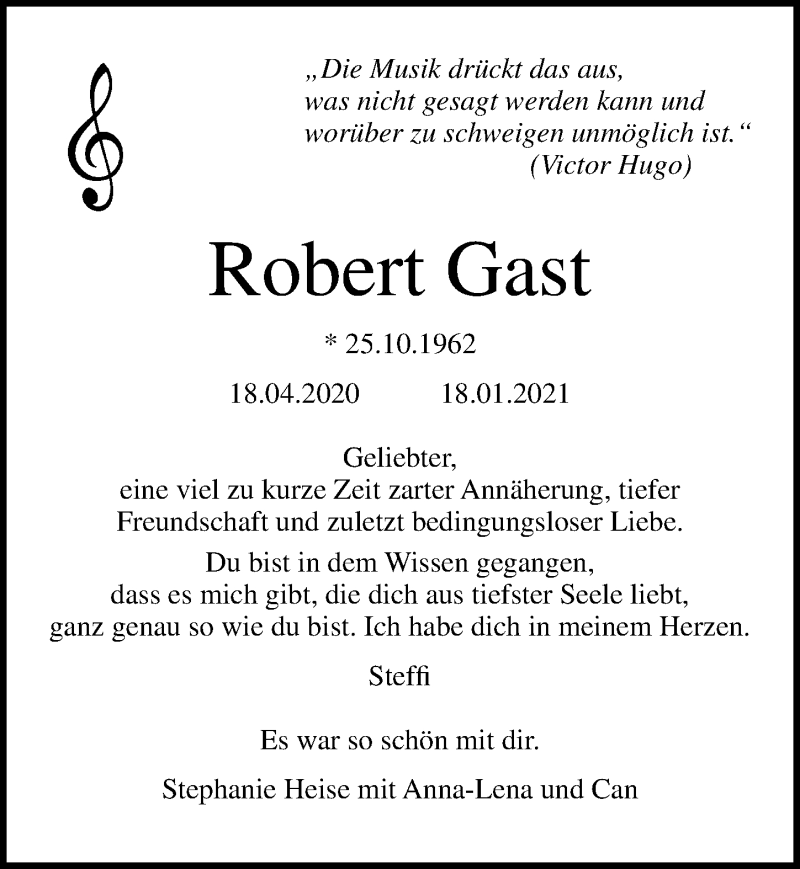  Traueranzeige für Robert Gast vom 24.01.2021 aus Lübecker Nachrichten