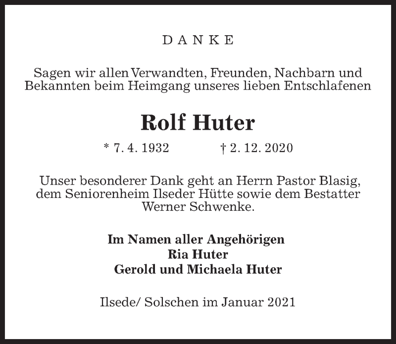  Traueranzeige für Rolf Huter vom 09.01.2021 aus Peiner Allgemeine Zeitung