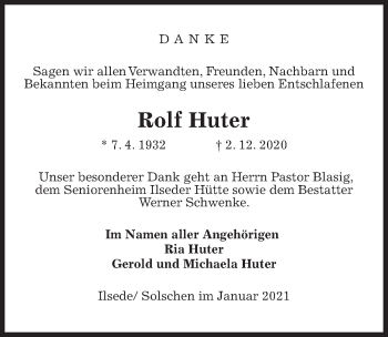 Traueranzeige von Rolf Huter von Peiner Allgemeine Zeitung