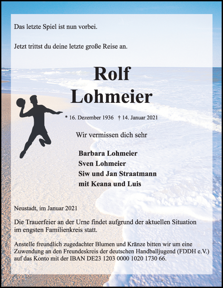  Traueranzeige für Rolf Lohmeier vom 20.01.2021 aus Kieler Nachrichten
