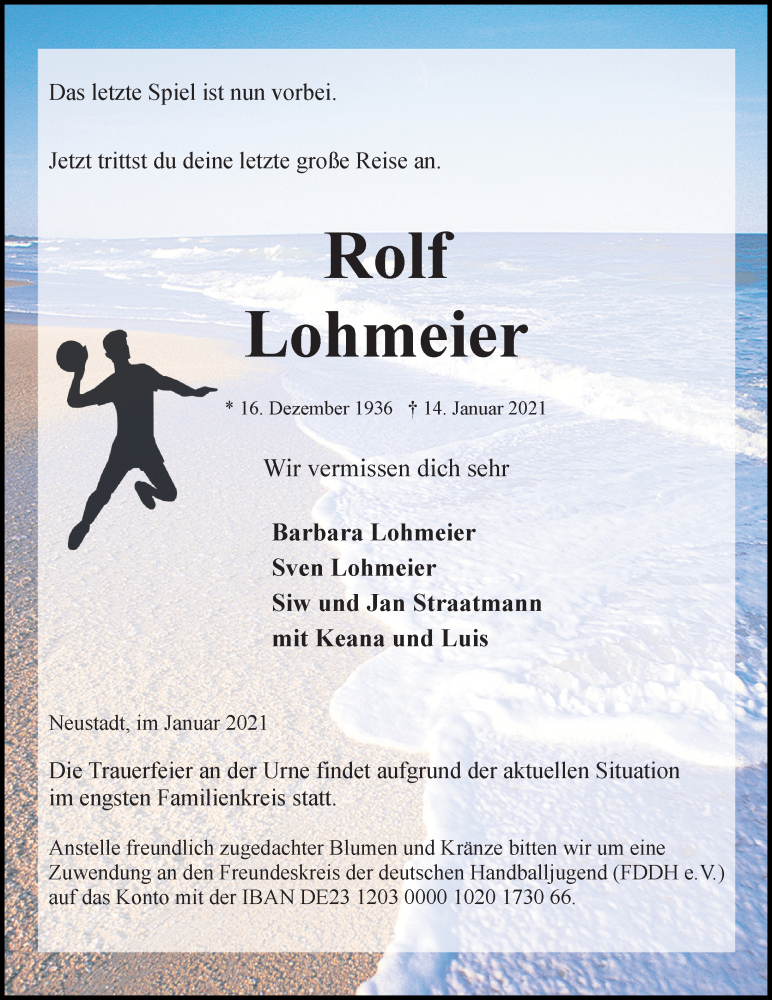  Traueranzeige für Rolf Lohmeier vom 20.01.2021 aus Lübecker Nachrichten