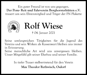 Traueranzeige von Rolf Wiese von Kieler Nachrichten