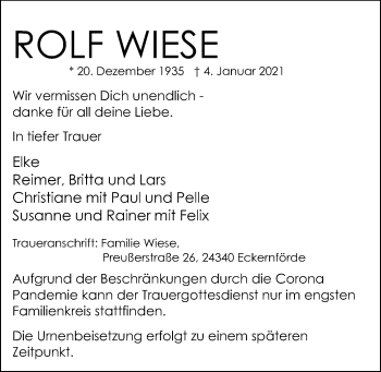 Traueranzeige von Rolf Wiese von Kieler Nachrichten