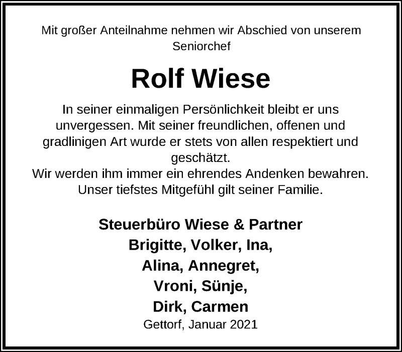  Traueranzeige für Rolf Wiese vom 09.01.2021 aus Kieler Nachrichten