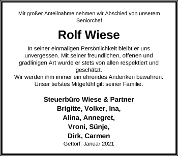 Traueranzeige von Rolf Wiese von Kieler Nachrichten