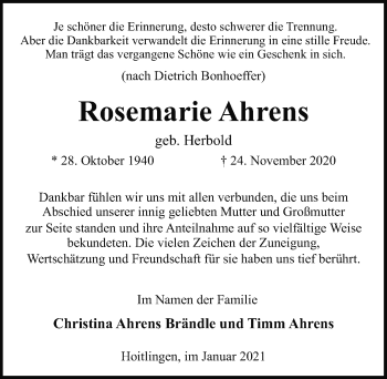 Traueranzeige von Rosemarie Ahrens von Aller Zeitung