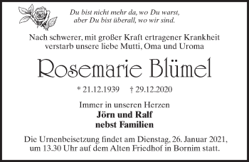 Traueranzeige von Rosemarie Blümel von Märkischen Allgemeine Zeitung