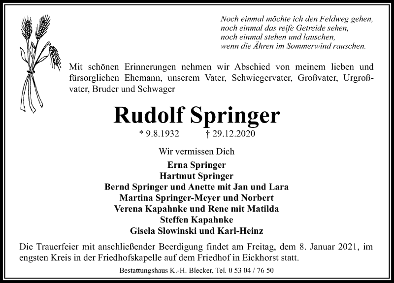  Traueranzeige für Rudolf Springer vom 05.01.2021 aus Aller Zeitung