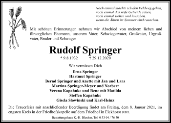 Traueranzeige von Rudolf Springer von Aller Zeitung