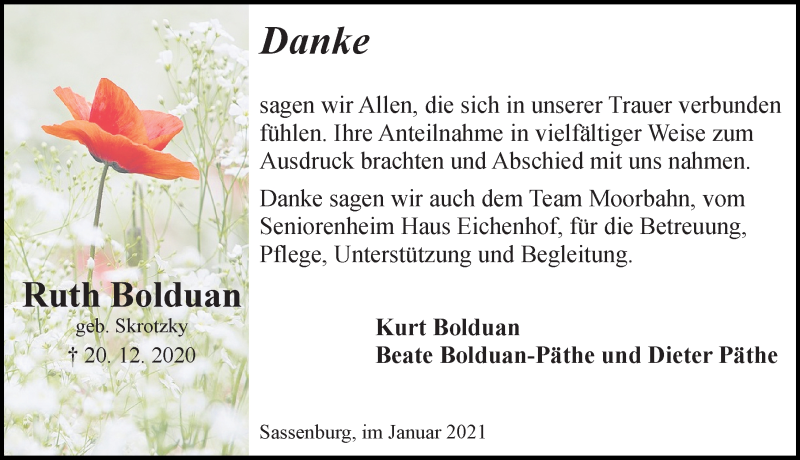  Traueranzeige für Ruth Bolduan vom 30.01.2021 aus Aller Zeitung