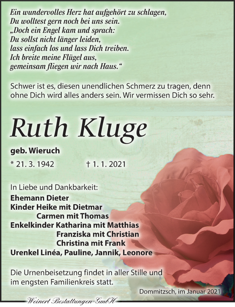  Traueranzeige für Ruth Kluge vom 09.01.2021 aus Torgauer Zeitung