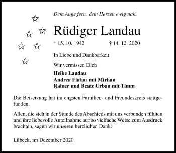 Traueranzeige von Rüdiger Landau von Lübecker Nachrichten