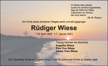 Traueranzeige von Rüdiger Wiese von Kieler Nachrichten