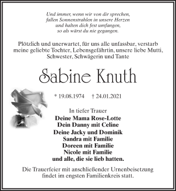 Traueranzeige von Sabine Knuth von Märkischen Allgemeine Zeitung