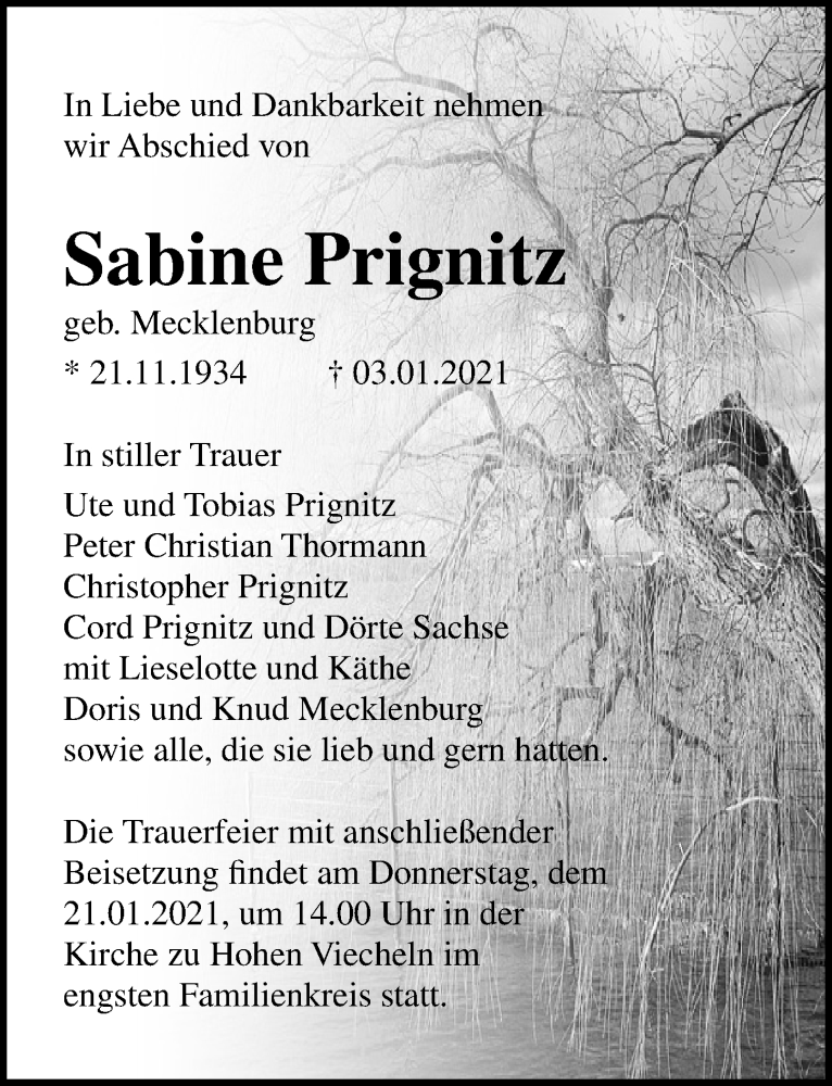  Traueranzeige für Sabine Prignitz vom 16.01.2021 aus Ostsee-Zeitung GmbH
