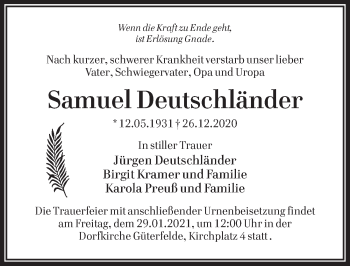 Traueranzeige von Samuel Deutschländer von Märkischen Allgemeine Zeitung