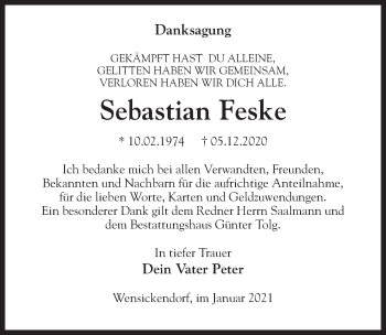 Traueranzeige von Sebastian Feske von Märkischen Allgemeine Zeitung