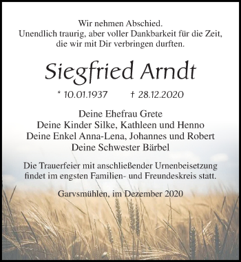 Traueranzeige von Siegfried Amdt von Ostsee-Zeitung GmbH
