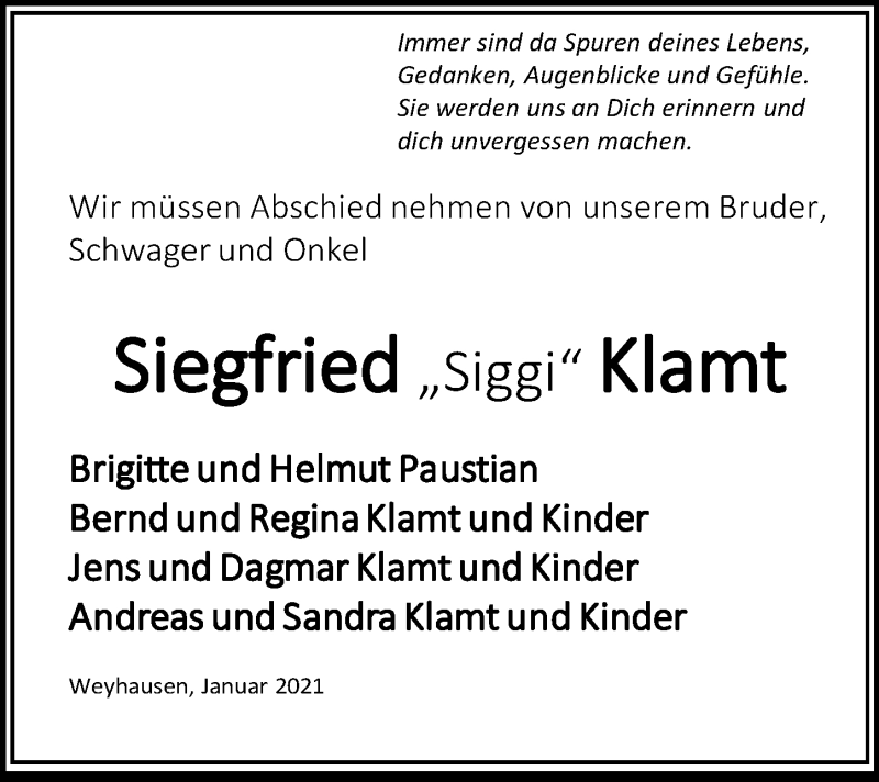  Traueranzeige für Siegfried Klamt vom 30.01.2021 aus Aller Zeitung