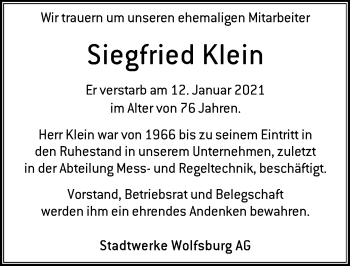 Traueranzeige von Siegfried Klein von Aller Zeitung