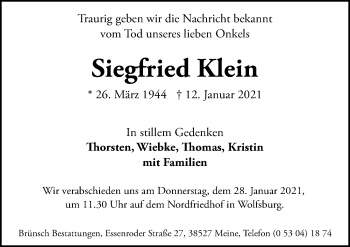 Traueranzeige von Siegfried Klein von Aller Zeitung