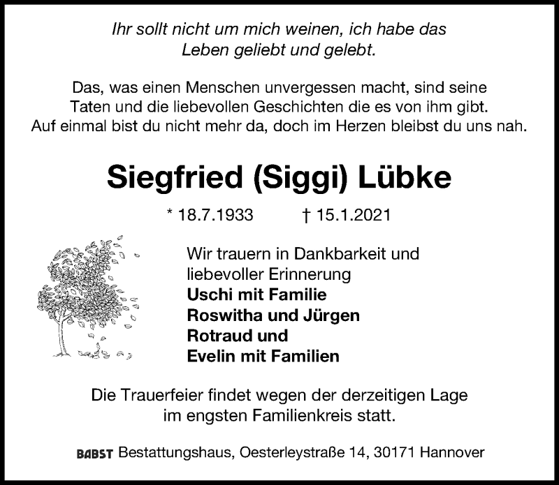  Traueranzeige für Siegfried Lübke vom 23.01.2021 aus Hannoversche Allgemeine Zeitung/Neue Presse
