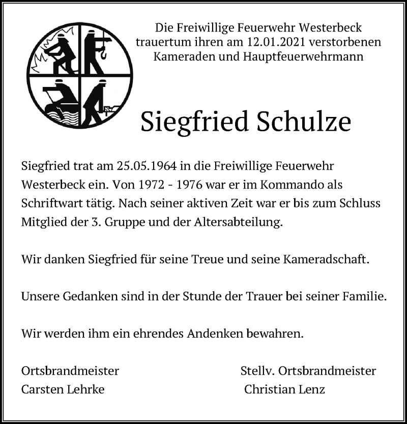 Traueranzeige für Siegfried Schulze vom 19.01.2021 aus Aller Zeitung