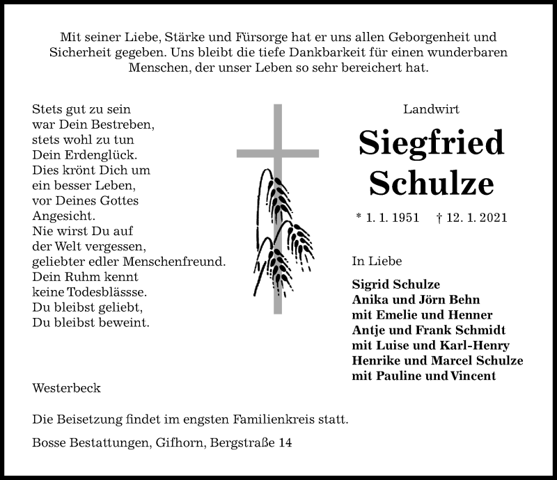  Traueranzeige für Siegfried Schulze vom 15.01.2021 aus Aller Zeitung