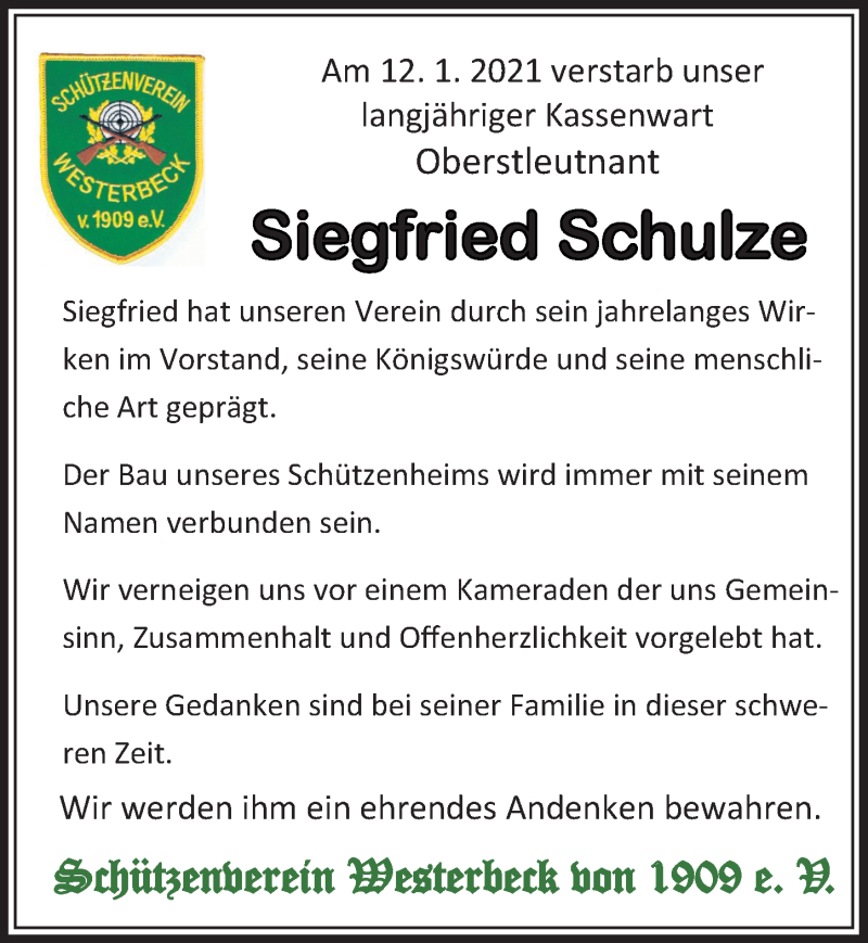  Traueranzeige für Siegfried Schulze vom 16.01.2021 aus Aller Zeitung
