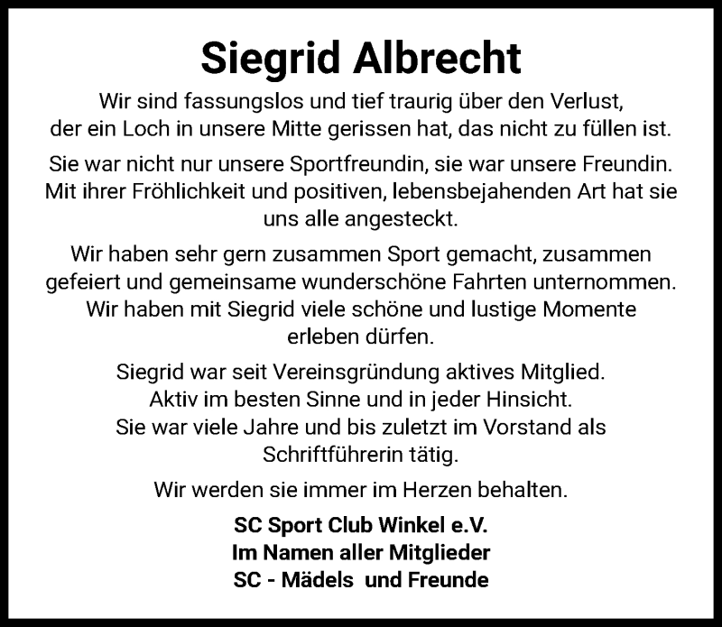  Traueranzeige für Siegrid Albrecht vom 20.01.2021 aus Aller Zeitung